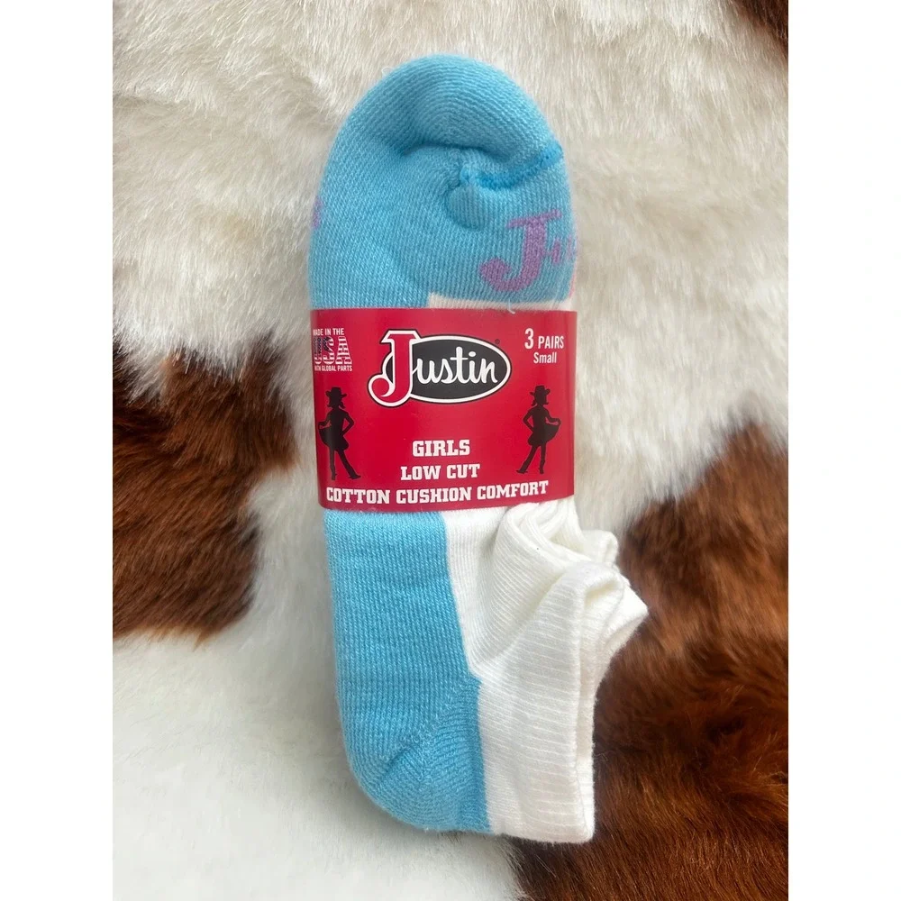 Justin Girls Low Cut Cotton Cushion Comfort Socks 3 Pairs‎ Blue Pink White Small